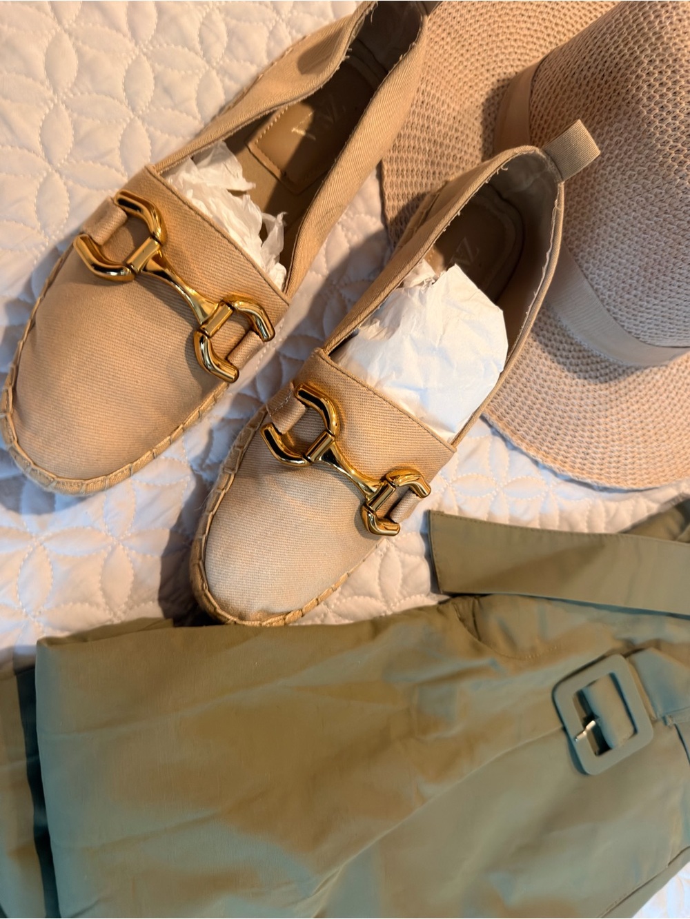 Zara Beige Canvas Espadrille Loafers with Gold Buckle